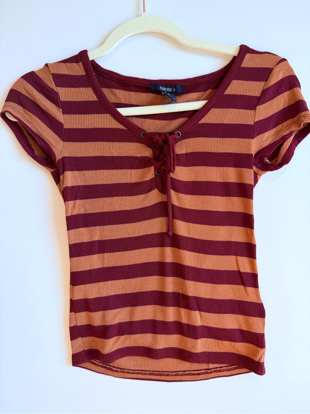 Forever 21 Striped Lace-Up Short Sleeve Tee in Burgundy and Tan